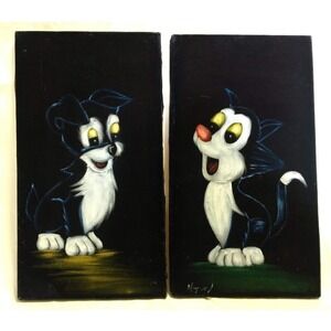 Vintage‎ Cartoon Dog and Cat Duo Paintings Set Black Velvet Canvas Art MCM